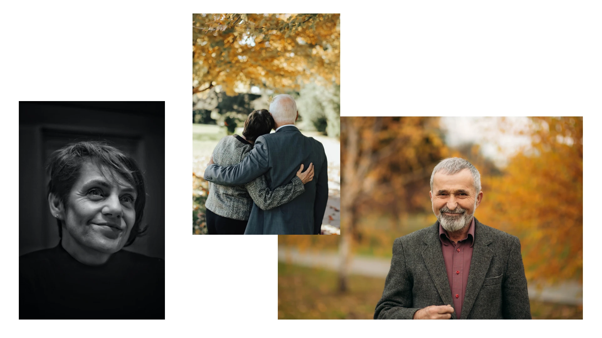 Tre eksempler på bildebruk til redaksjonelt stoff. Portrett av kvinne i sort/hvitt, Et par holder undt hverandre på kirkegård, en mann i dress smiler.