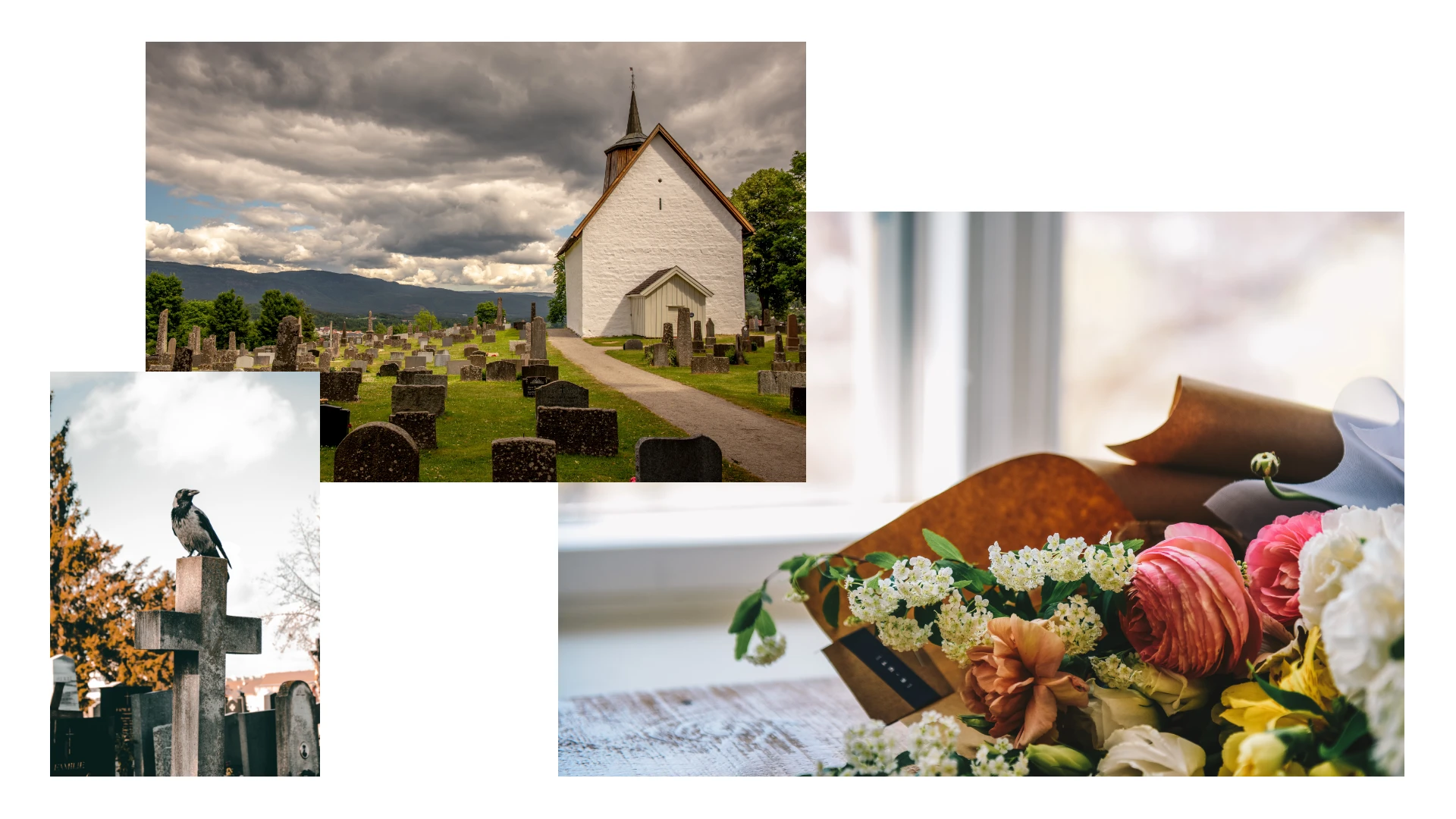 Tre eksempler på bildebruk til redaksjonelt stoff. En fugl på en gravstøtte, en kirke og en blomsterbukett